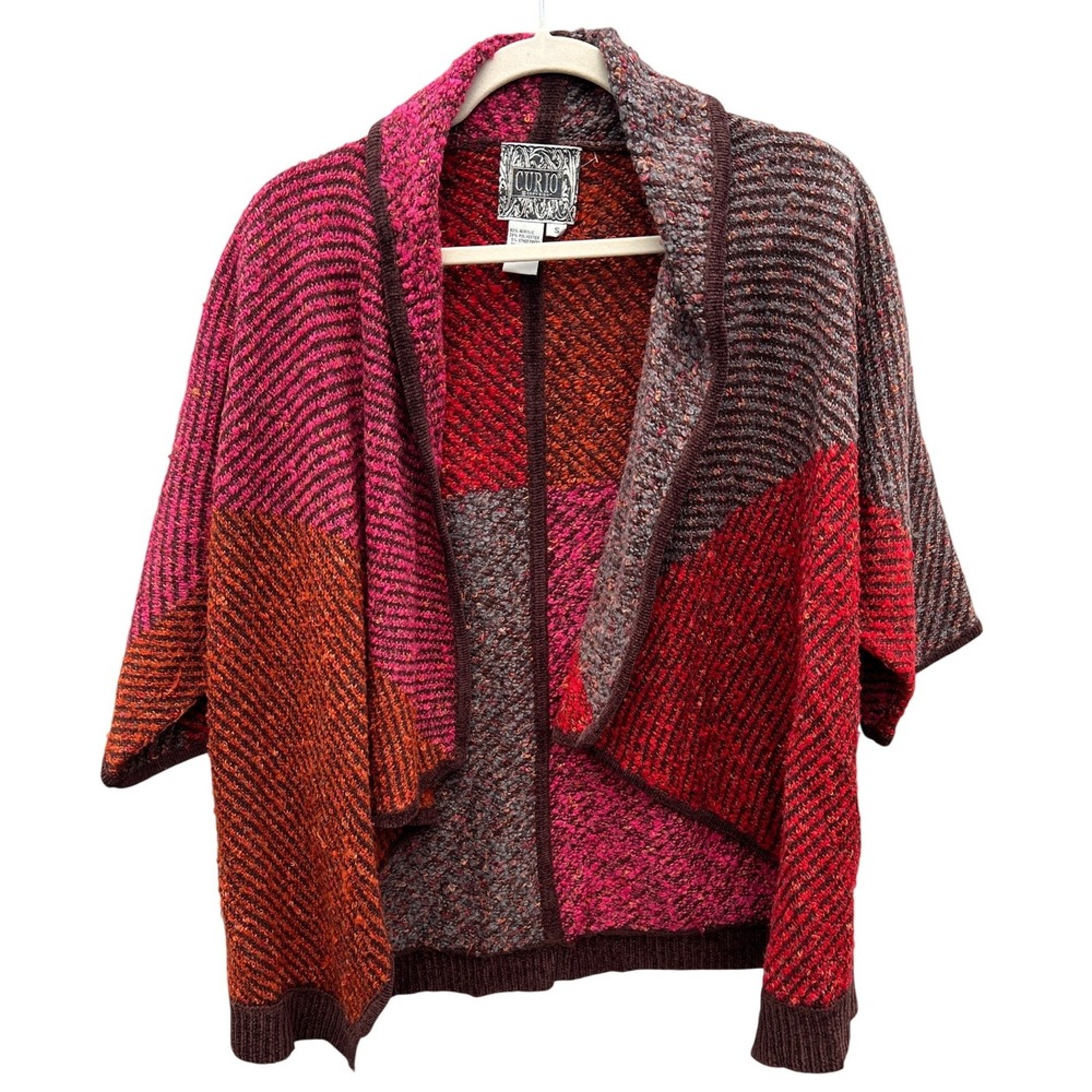CURIO Patchwork Multicolor Knit Shawl Collar Card… - image 1